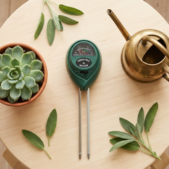 Soil meter flat-lay with succulent and watering can